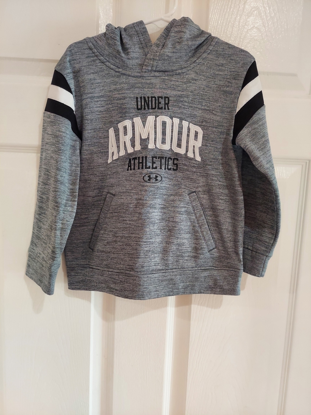 Under Armour Gray Hooded Kids Sweatshirt with Black & White Sleeve Stripes